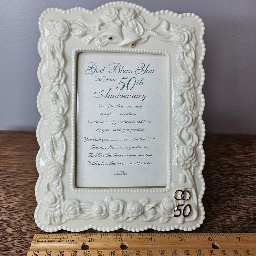 Dicksons 50th Anniversary Photo Frame God Bless You Religious 4x6 Cream Rose Vtg